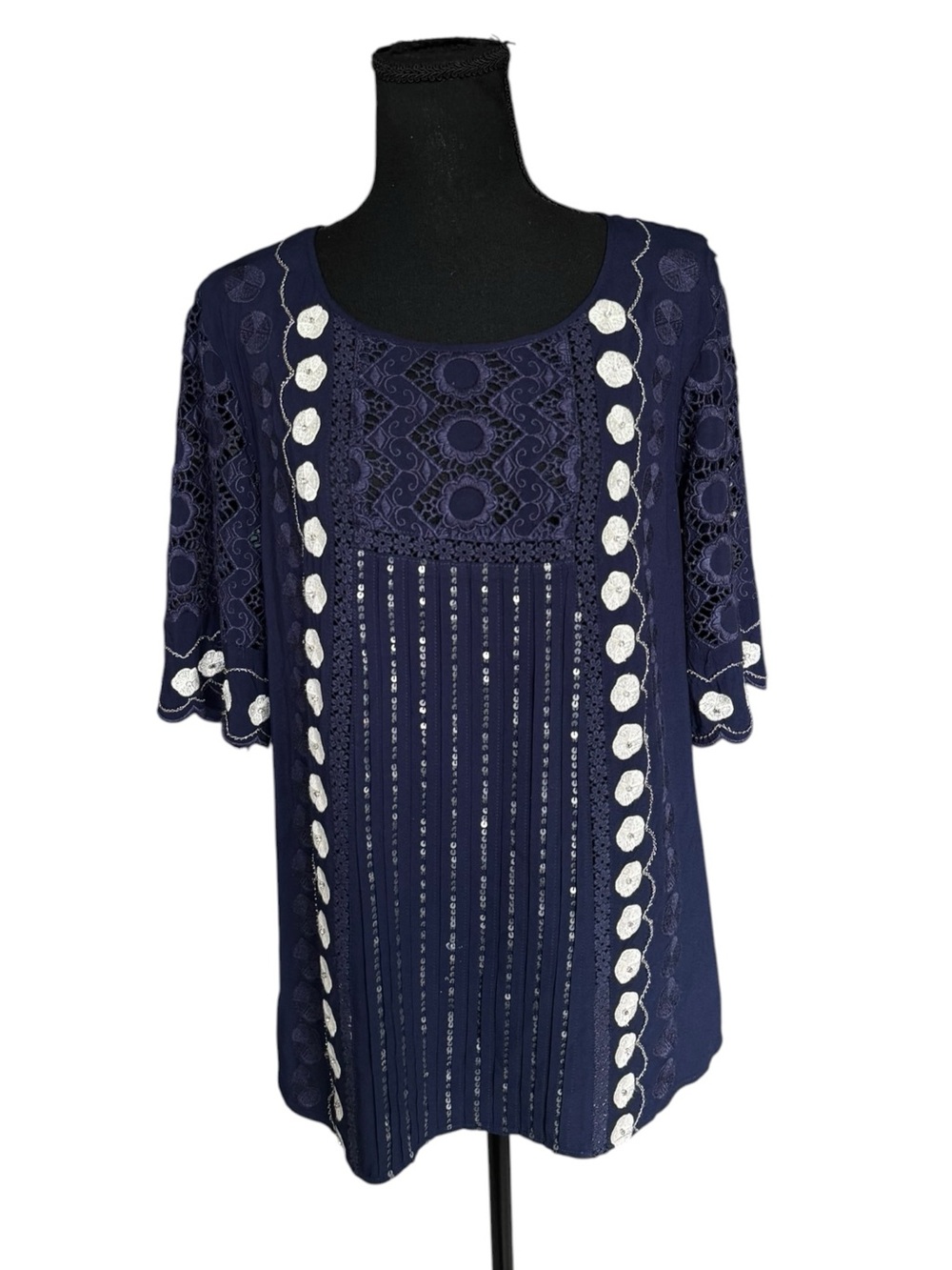 V Cristina Navy Embroidered Lace Sequin Tunic Top L Boho Romantic Lagenlook